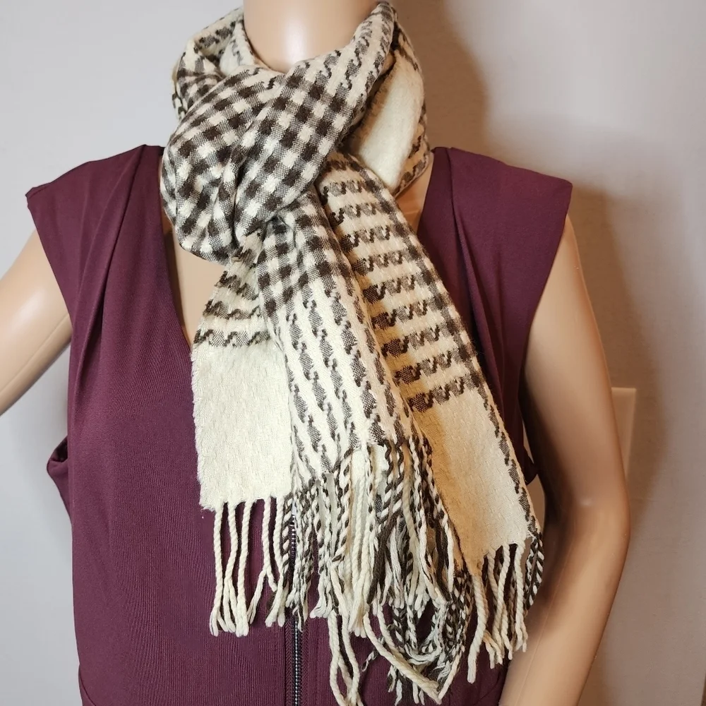 100% Cashmere Scarf Made‎ In Germany Cream And Brown Plaid Fringe Hem